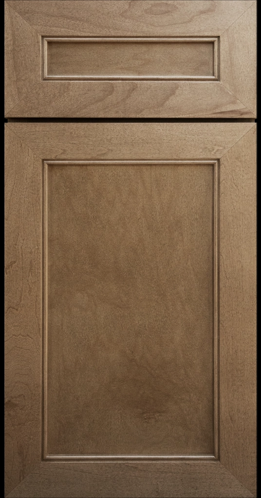Alpine-style mitered shaker cabinet in Warm Gray Stain with a flat center panel & inside bead detail.
